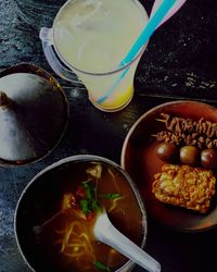 High angle view of breakfast on table