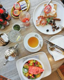 High angle view of food served on table