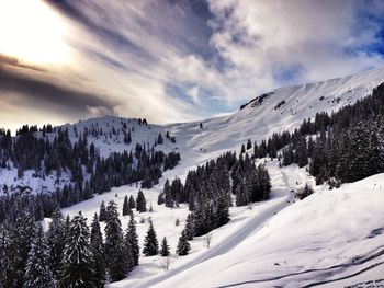 Scenic view of snow covered mountains