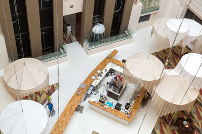 High angle view of umbrellas on table