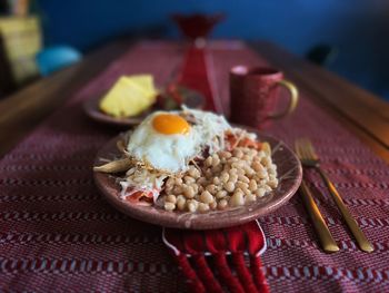 High angle view of food in plate on table