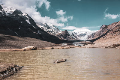 Scenic view of lake and snowcapped mountains against sky