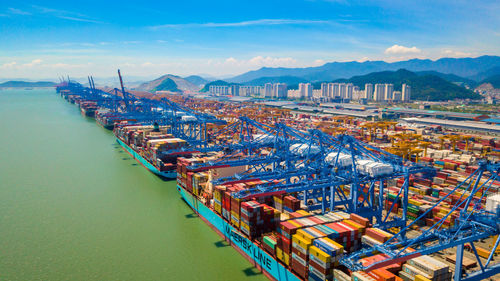 High angle view of commercial dock against sky