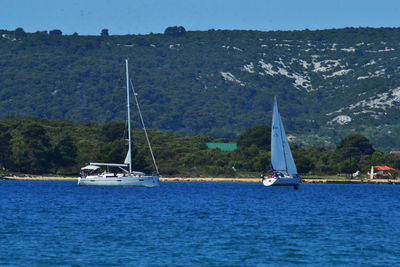 Sailboat sailing on sea against clear sky