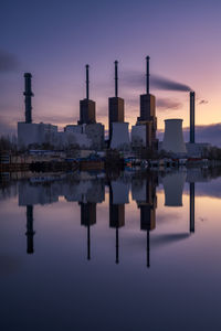 Reflection of factory in lake against sky during sunset