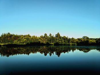 Scenic view of lake against clear blue sky