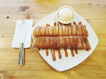 High angle view of dessert in plate on table