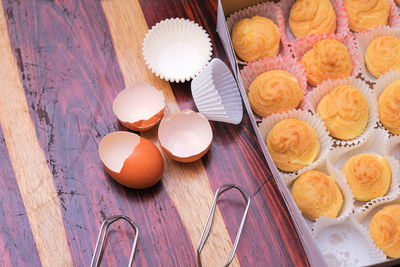 High angle view of cupcakes on table