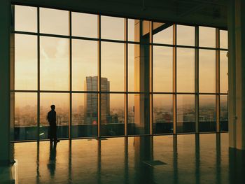 Rear view of silhouette man overlooking cityscape