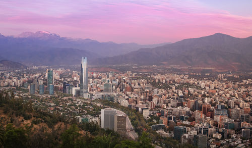 High angle view of townscape against sky during sunset