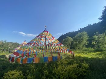 Multi colored flags on field against sky