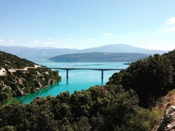 Scenic view of river and mountains against blue sky