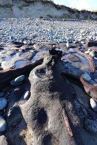 Close-up of water on beach against sky