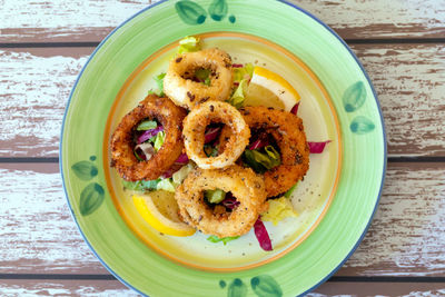 High angle view of breakfast served on table