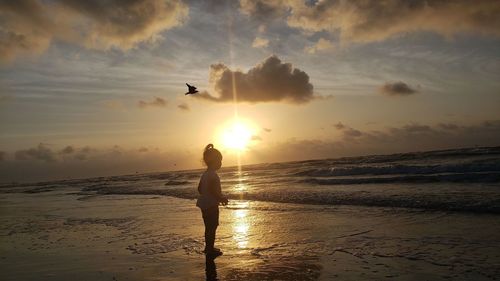 Silhouette man on beach against sky during sunset