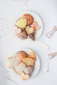 High angle view of cookies in plate on table