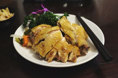 High angle view of food in plate on table