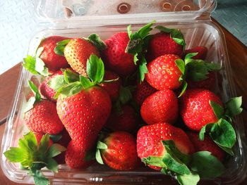 High angle view of strawberries