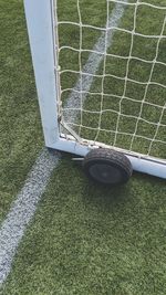 High angle view of soccer field and goal