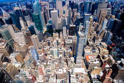 High angle view of modern buildings in city