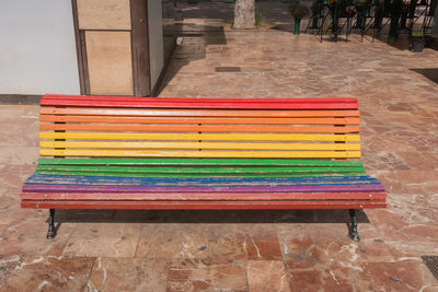 High angle view of empty bench in park