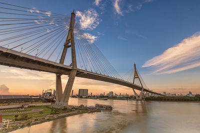 Suspension bridge over river in city