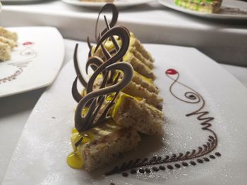 High angle view of dessert in plate on table