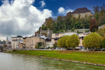 Buildings in city against cloudy sky