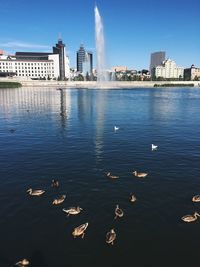 Scenic view of river by buildings against sky