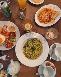 High angle view of food served on table