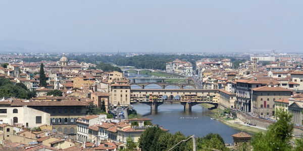 High angle view of river amidst buildings in city against clear sky