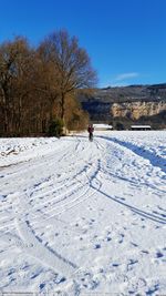 Man walking on snow covered tree against sky