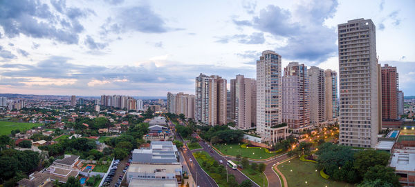 High angle view of buildings in city against sky