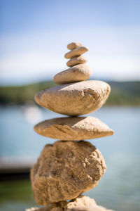 Close-up of stone stack on rock