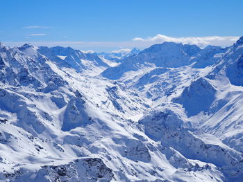 Scenic view of snow covered mountains against sky