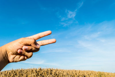 Cropped hand gesturing peace sign at farm against blue sky