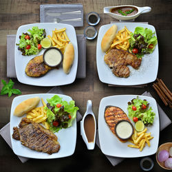 High angle view of food served on table