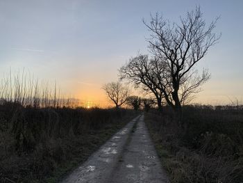 Road amidst bare trees on field against sky at sunset