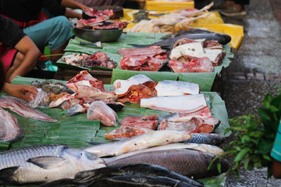 High angle view of fish for sale in market