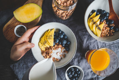 Cropped hand having breakfast at table