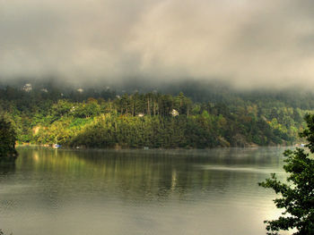 Scenic view of lake by trees against sky