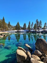 Reflection of rocks in lake against blue sky