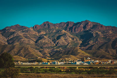 Scenic view of mountains against clear blue sky