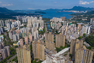 High angle view of modern buildings in city