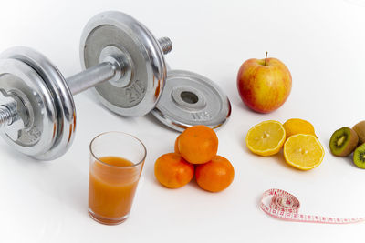 High angle view of various fruits on table