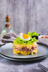 Close-up of food in plate on table