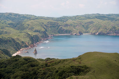 High angle view of bay against sky