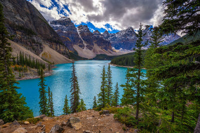 Scenic view of lake and mountains against sky