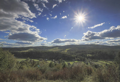 Scenic view of landscape against bright sun