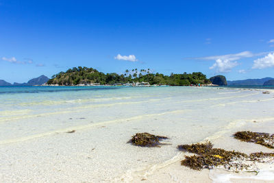 Surface level of calm beach against blue sky